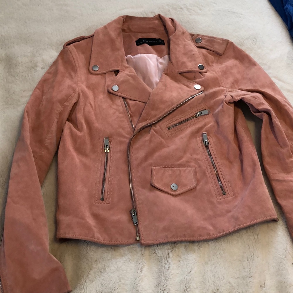 Zara Woman rose suede leather moto jacket, M